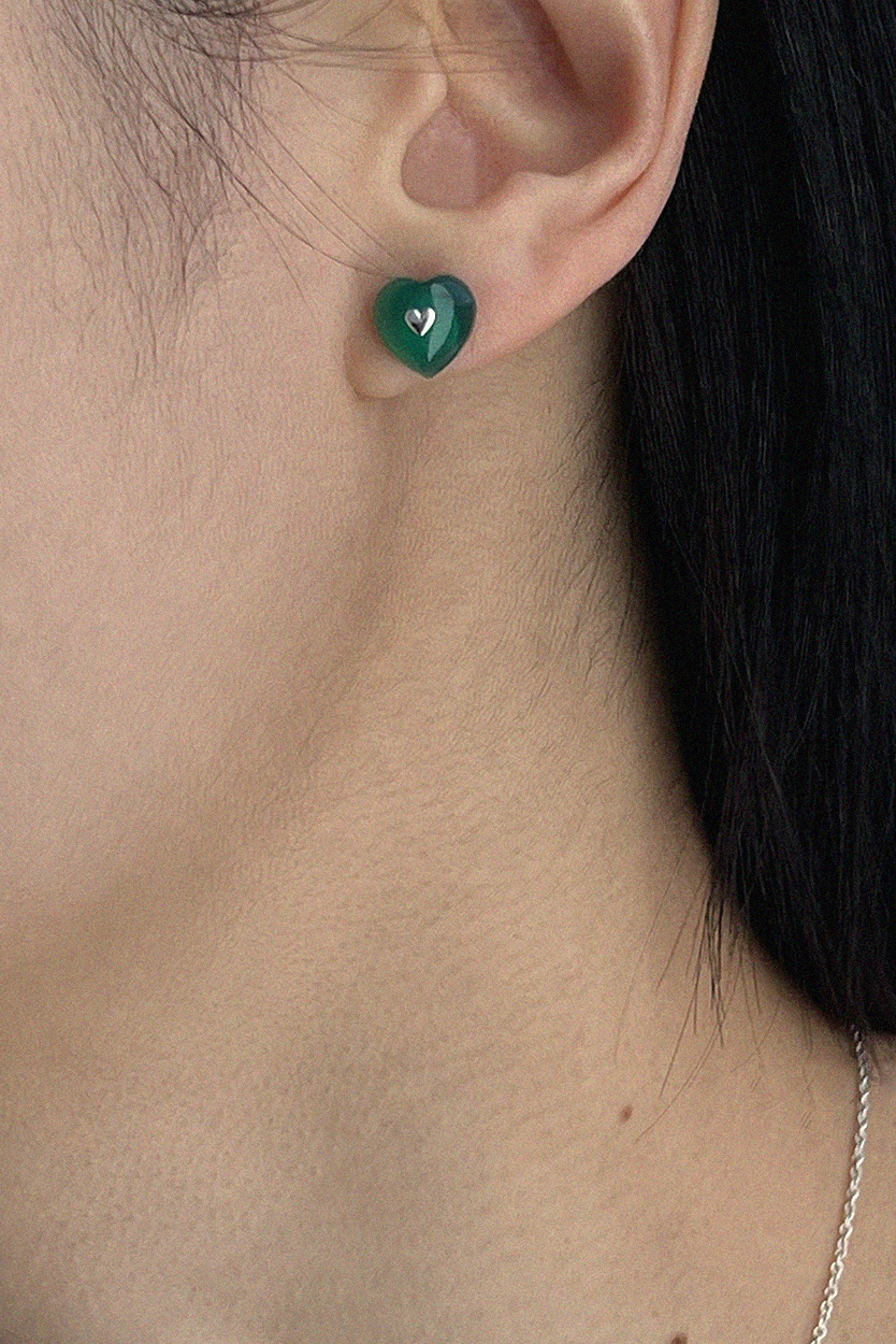 VERY VINTAGE GREEN CHALCEDONY SILVER HEART EARRINGS - COLDFRAME